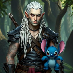 A male elf battle ranger standing straight, exuding confidence in his dark leather armor