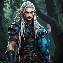 A male elf battle ranger standing straight, exuding confidence in his dark leather armor