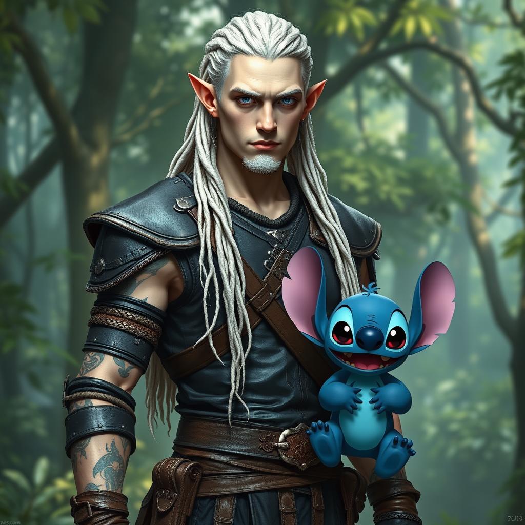 A male elf battle ranger standing straight, exuding confidence in his dark leather armor