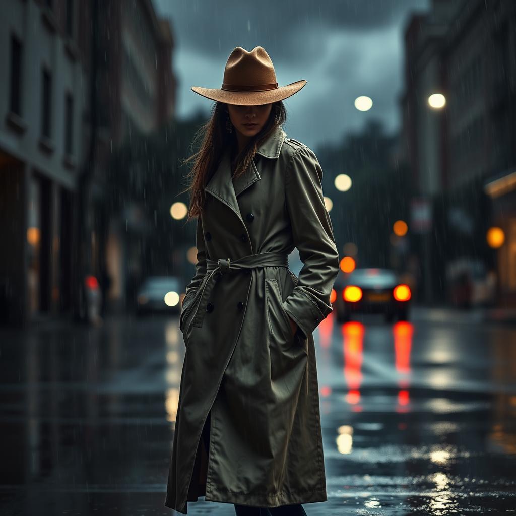 A high quality image of a female human invisible person wearing a trenchcoat and a cowboy hat, standing in the rain