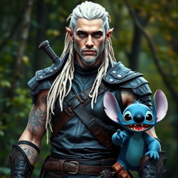A male elf battle ranger standing straight in dark leather armor, embodying strength and agility