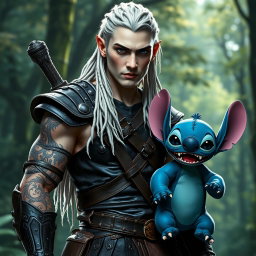 A male elf battle ranger standing straight in dark leather armor, embodying strength and agility