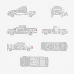 Schematic illustrations of pickup trucks (camionetas) from multiple angles, showcasing detailed mechanical components and features