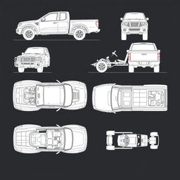 Schematic illustrations of pickup trucks (camionetas) from multiple angles, showcasing detailed mechanical components and features