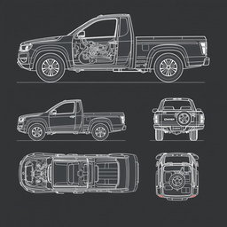 Schematic illustrations of pickup trucks (camionetas) from multiple angles, showcasing detailed mechanical components and features