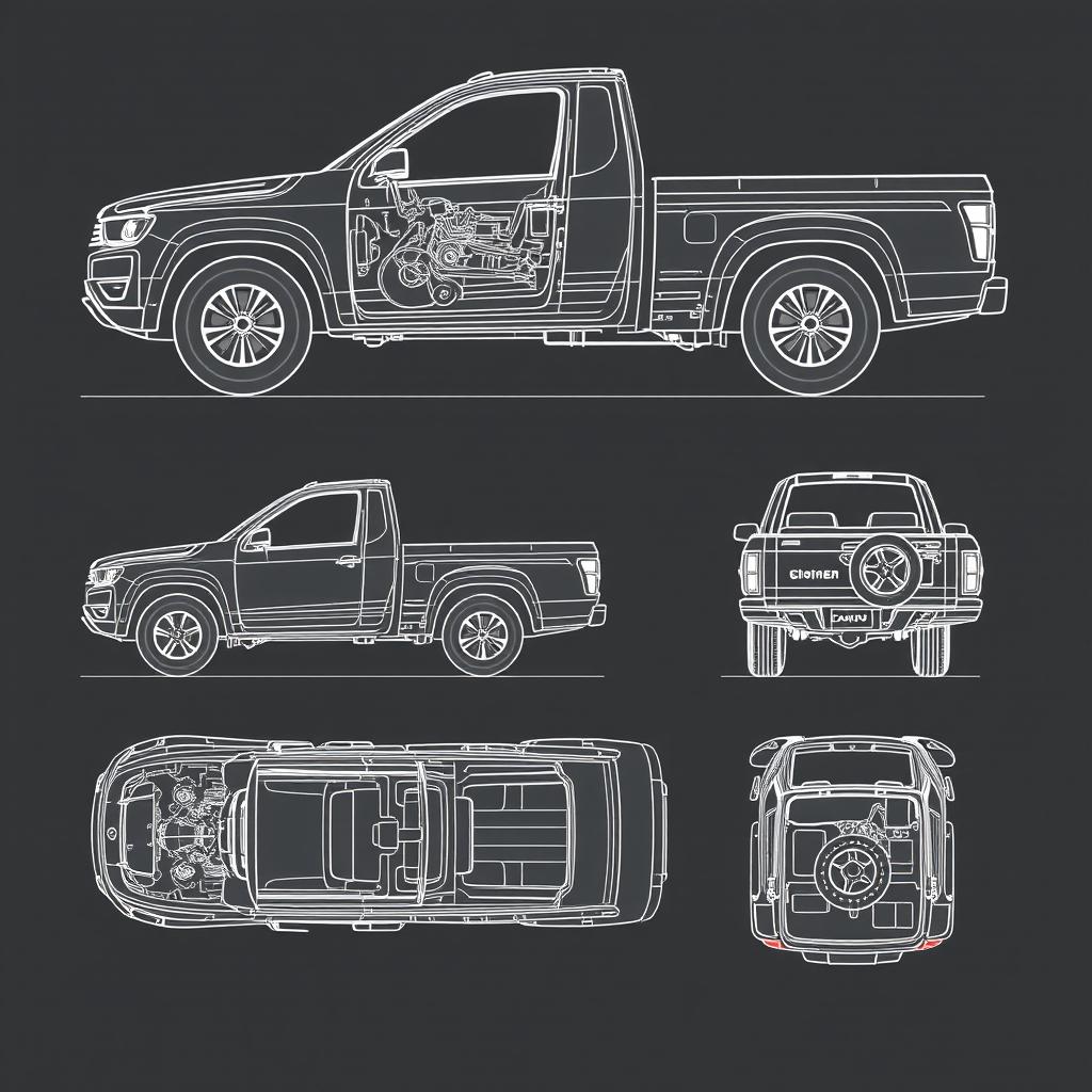 Schematic illustrations of pickup trucks (camionetas) from multiple angles, showcasing detailed mechanical components and features