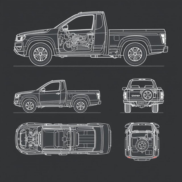 Schematic illustrations of pickup trucks (camionetas) from multiple angles, showcasing detailed mechanical components and features