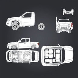 Schematic illustrations of pickup trucks (camionetas) from multiple angles, showcasing detailed mechanical components and features