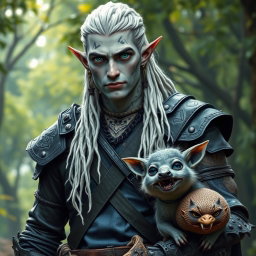 A male elf battle ranger standing straight in dark leather armor, embodying strength and readiness for adventure