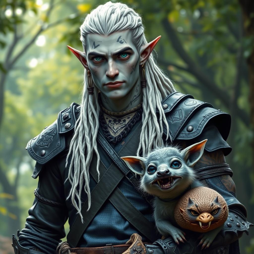 A male elf battle ranger standing straight in dark leather armor, embodying strength and readiness for adventure