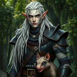 A male elf battle ranger standing straight in dark leather armor, embodying strength and readiness for adventure
