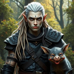 A male elf battle ranger standing straight in dark leather armor, embodying strength and readiness for adventure