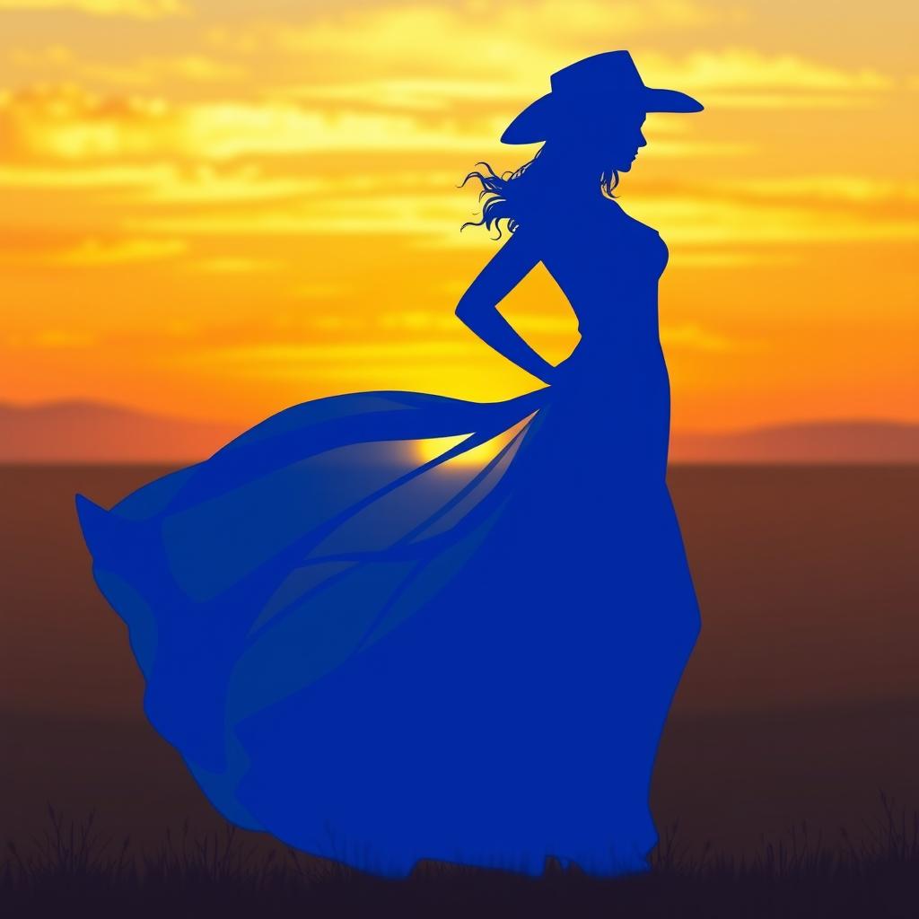 A female cowboy silhouette, dressed in a flowing blue dress and wearing a classic cowboy hat, standing confidently in a vast and open landscape