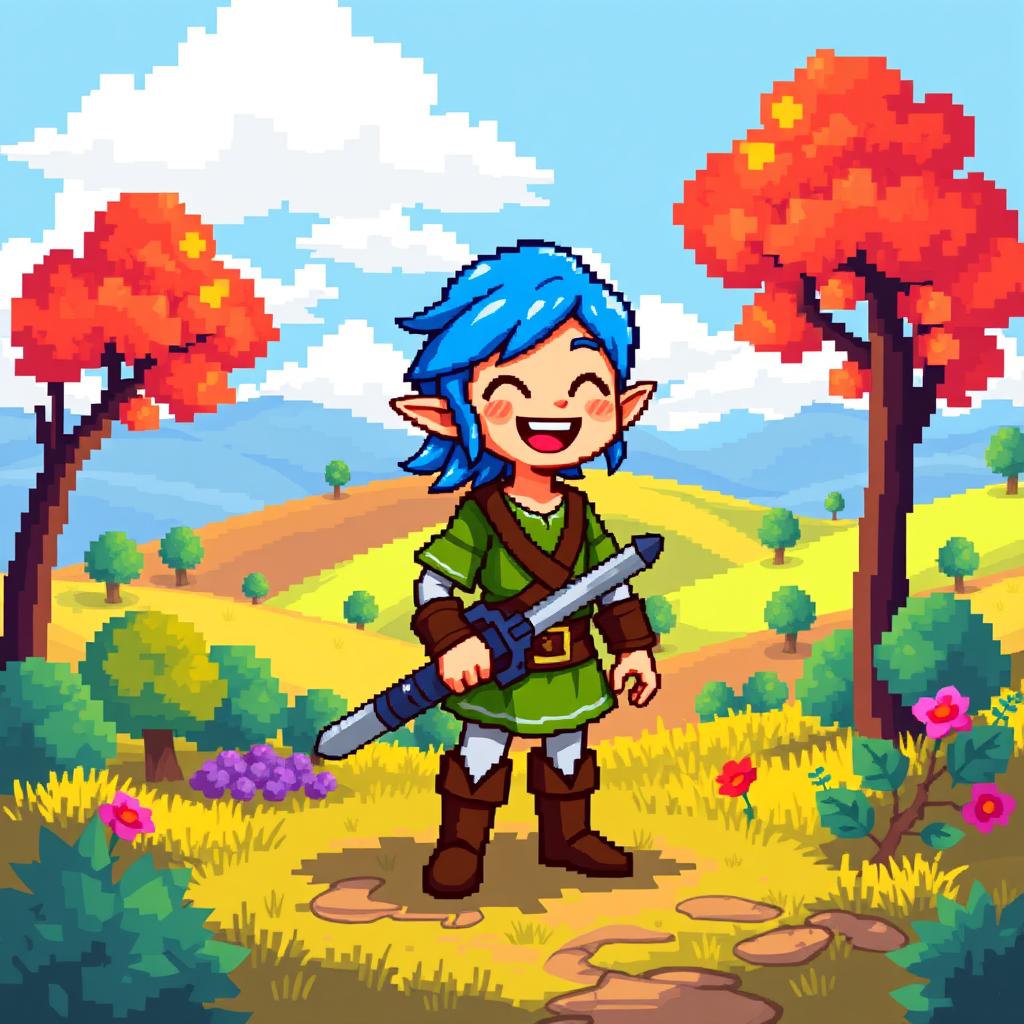 A vibrant 2D pixel character standing in a lush pixelated world
