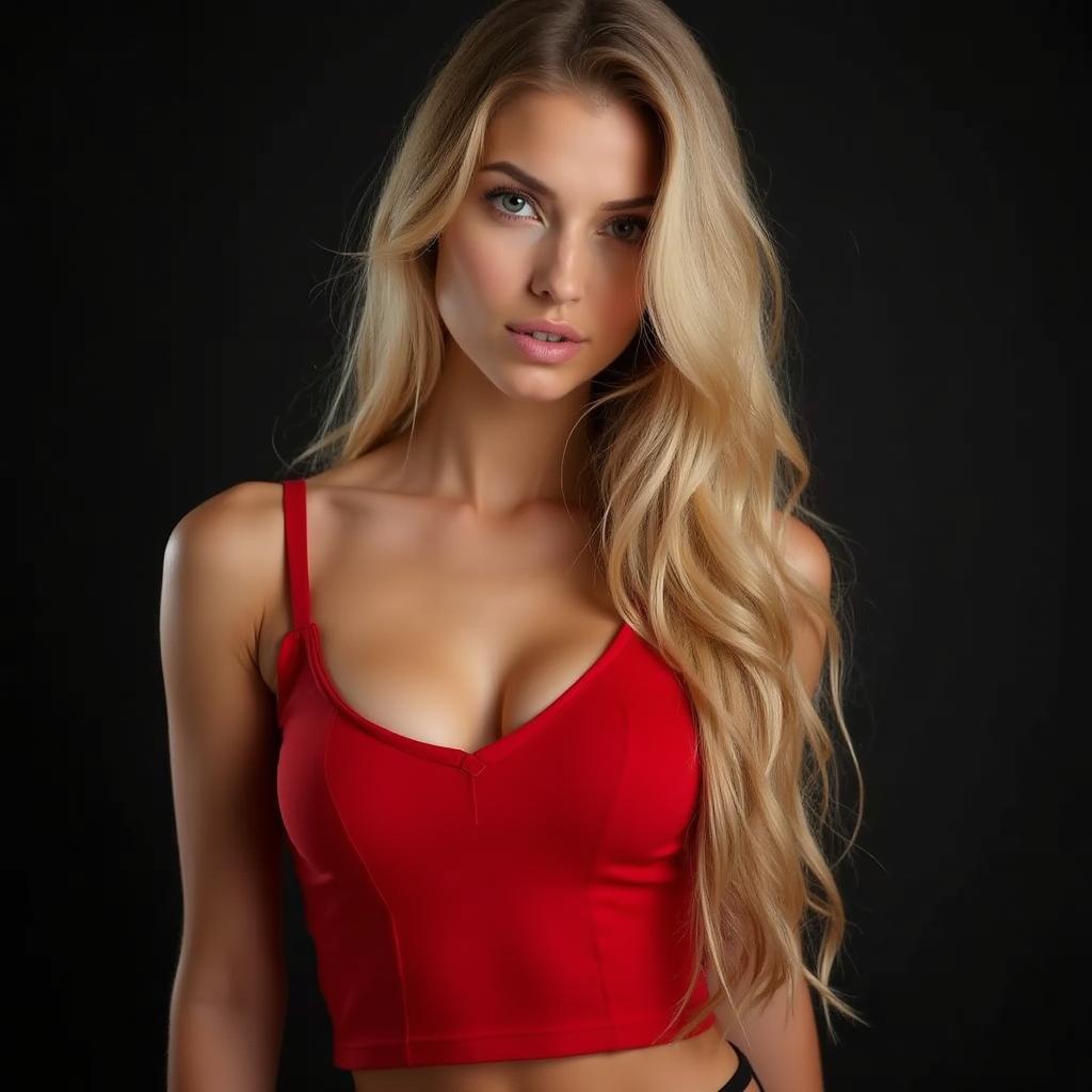 A sexy girl with long, flowing blonde hair, glancing seductively at the viewer