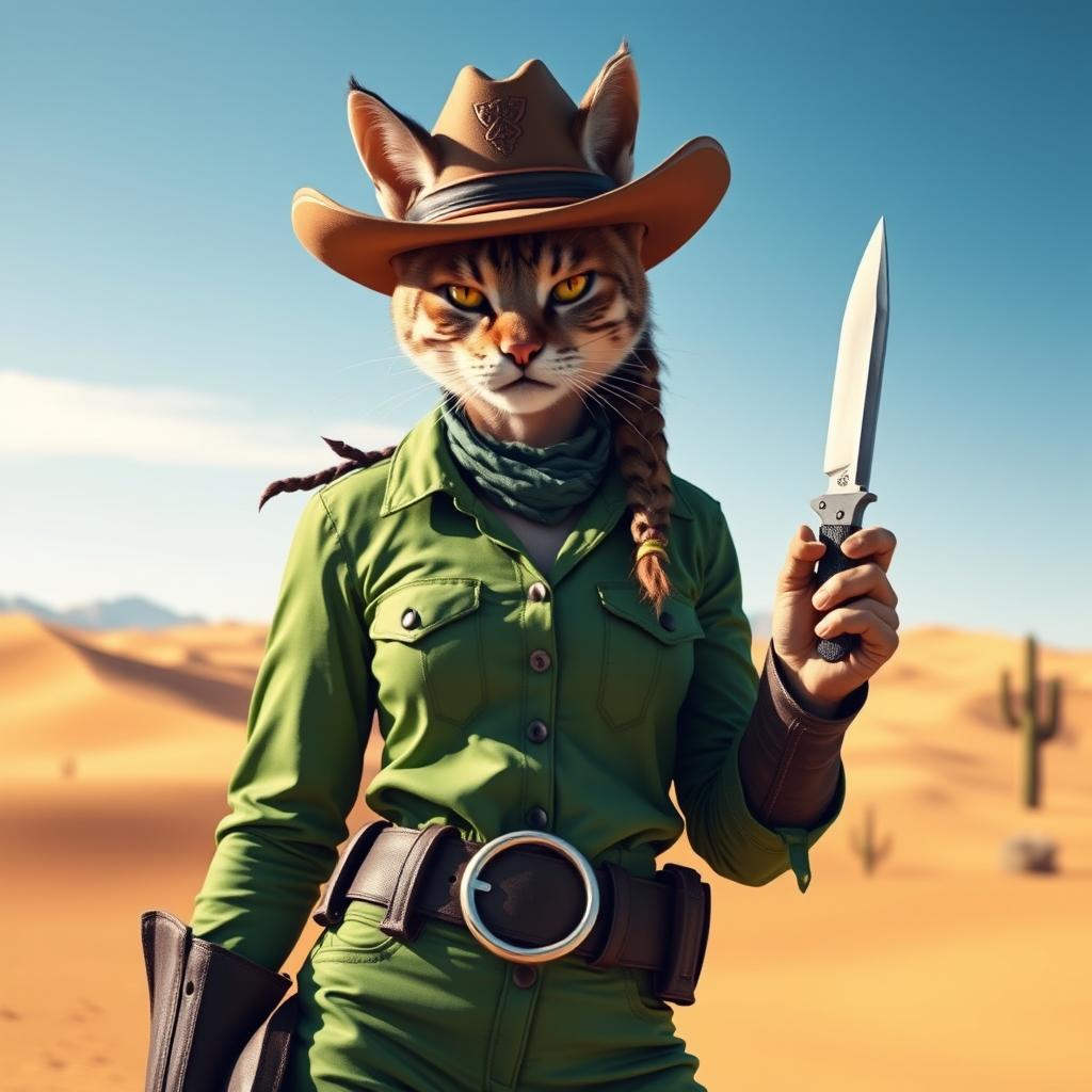 A female cat person dressed in a vibrant green cowboy outfit, featuring a stylish cowboy hat