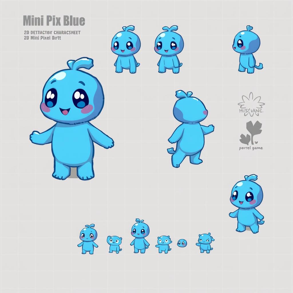 A vibrant and detailed 2D character sheet featuring a mini blue pixelated character
