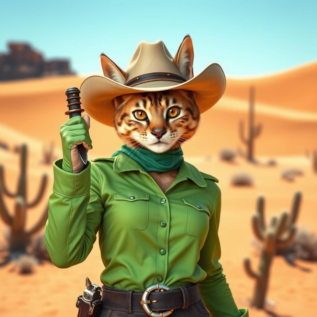 A female cat person dressed in a vibrant green cowboy outfit, featuring a stylish cowboy hat perched atop her head