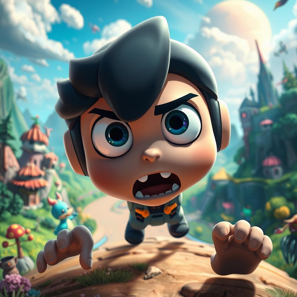 A stunning visual representation of a PlayStation game character pleading or begging, set in an imaginative and colorful gaming environment