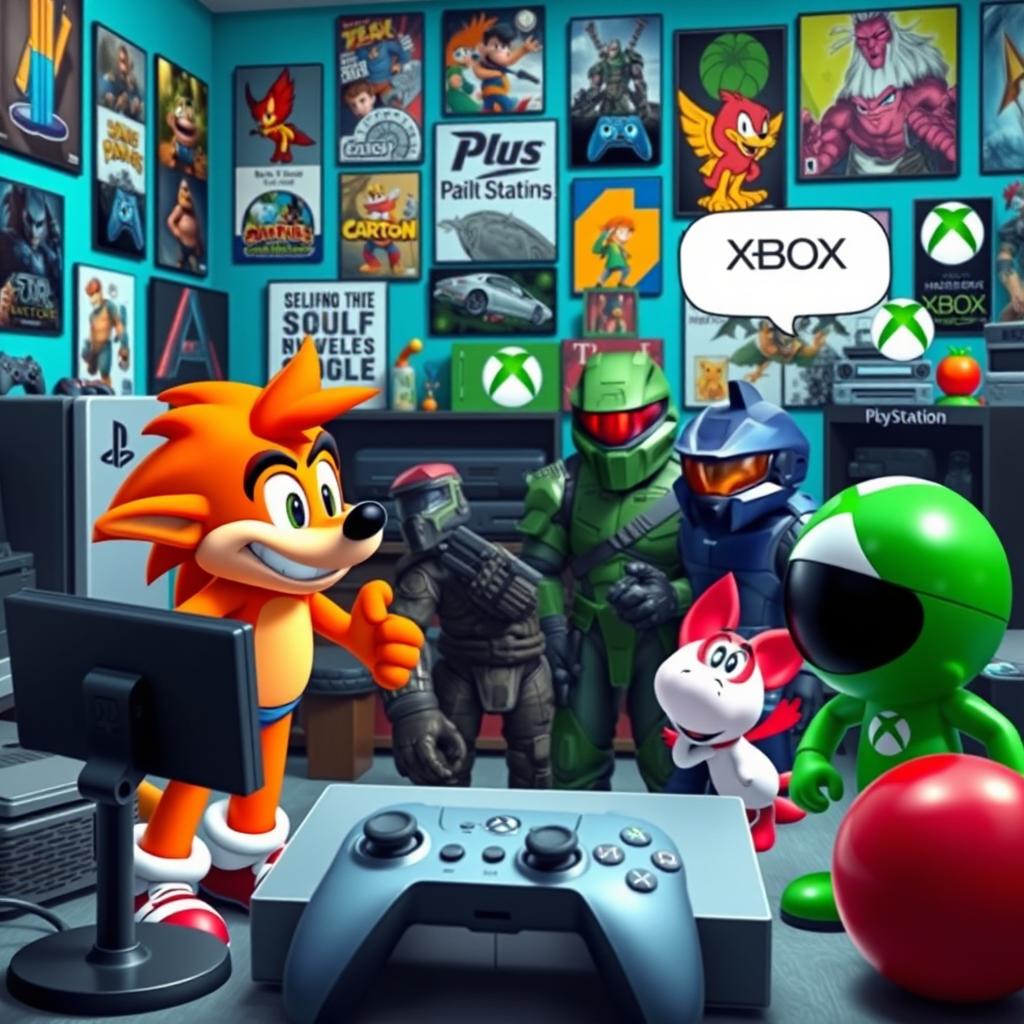 A vibrant and playful scene showcasing various popular PlayStation games being 'begged' for by Microsoft Xbox characters