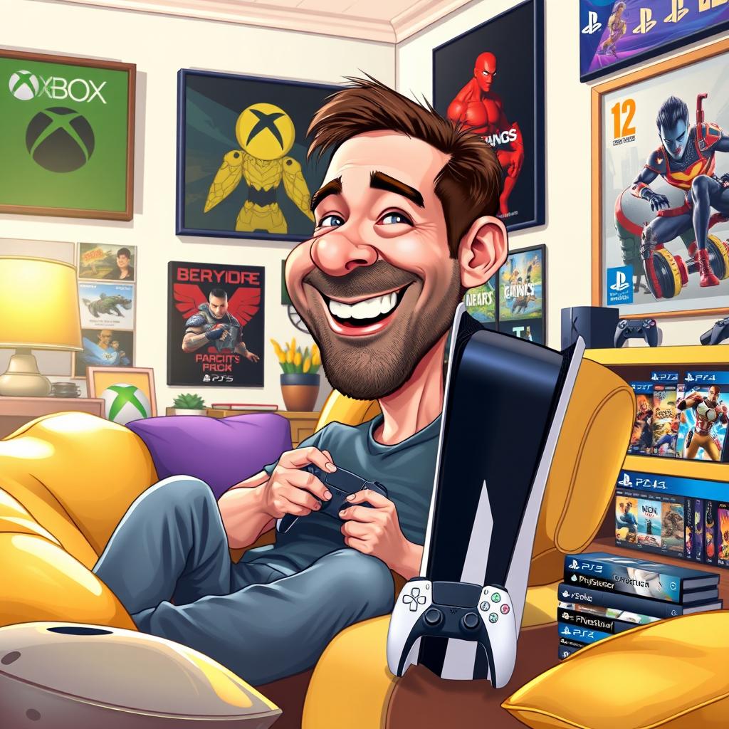 A caricature of Phil Spencer, the Xbox executive, joyfully playing with a PS5 console in a bright, colorful living room