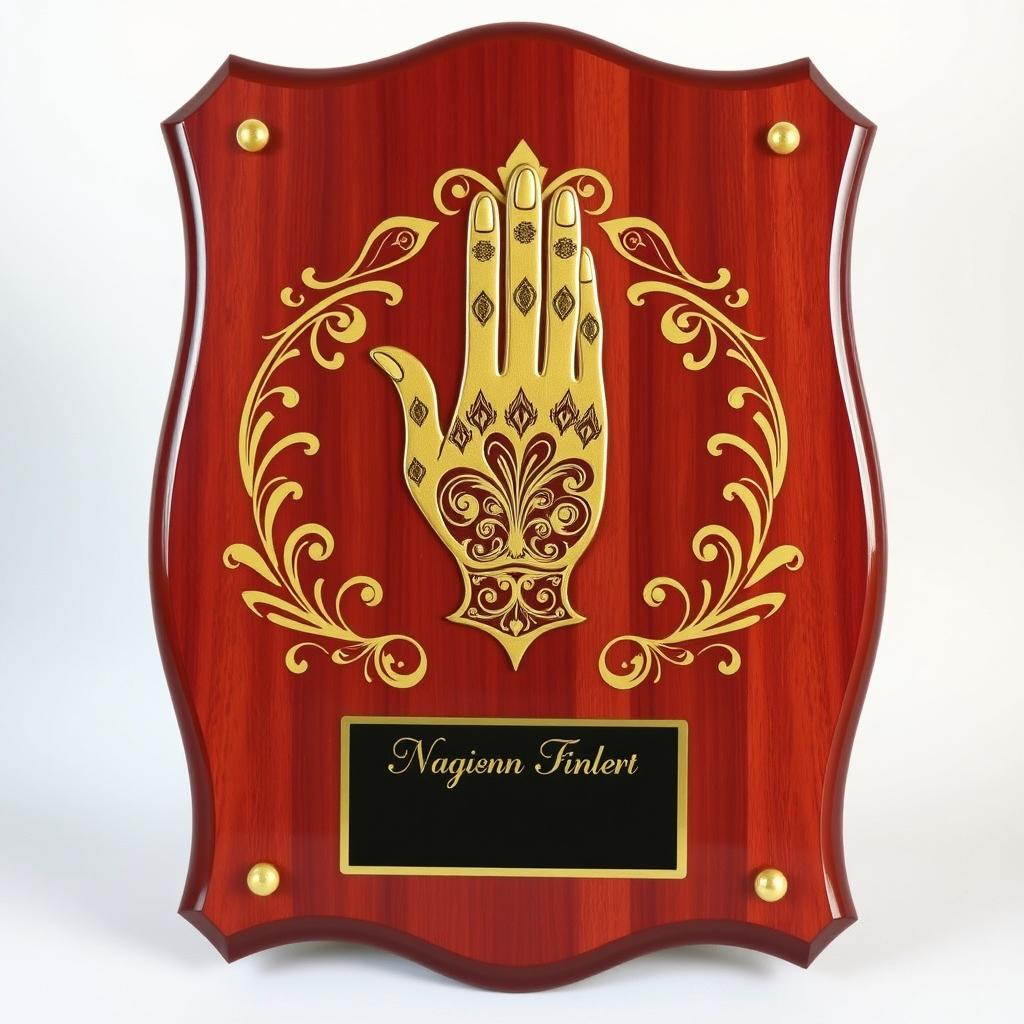 A beautifully crafted award plaque featuring an intricately designed hand symbolizing giving and generosity