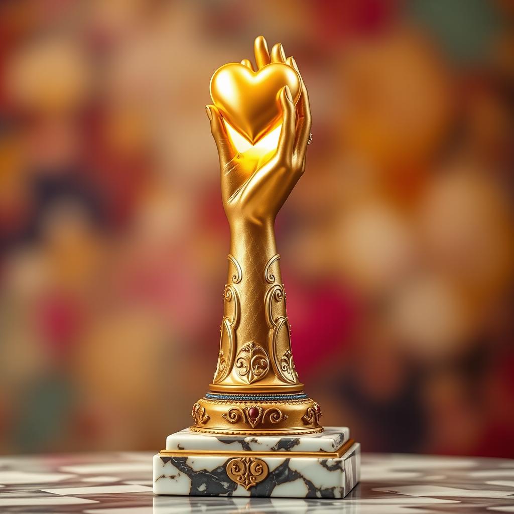 An artistic representation of a trophy that symbolizes giving, featuring a beautifully sculpted hand reaching upwards, holding a radiant heart or a glowing light