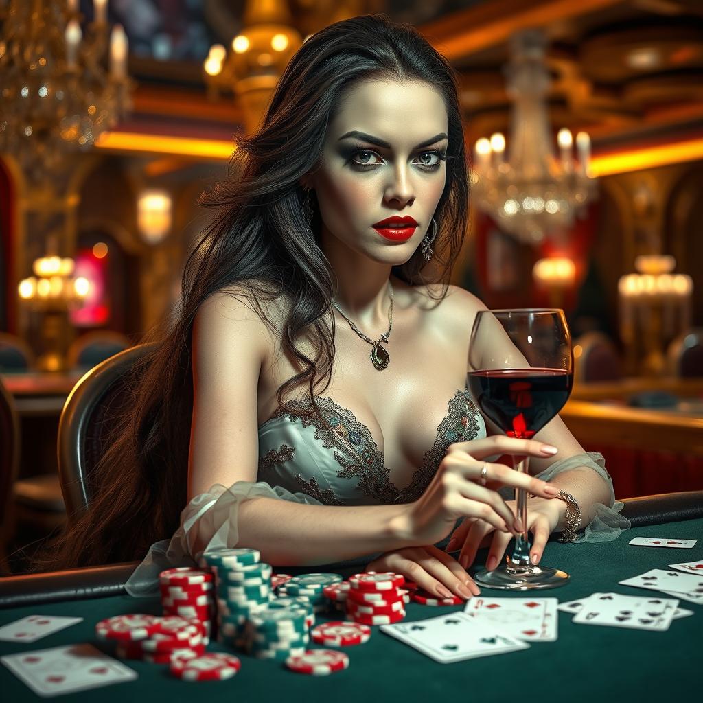 A captivating vampire woman sitting at a luxurious casino table, surrounded by sparkling chips and cards