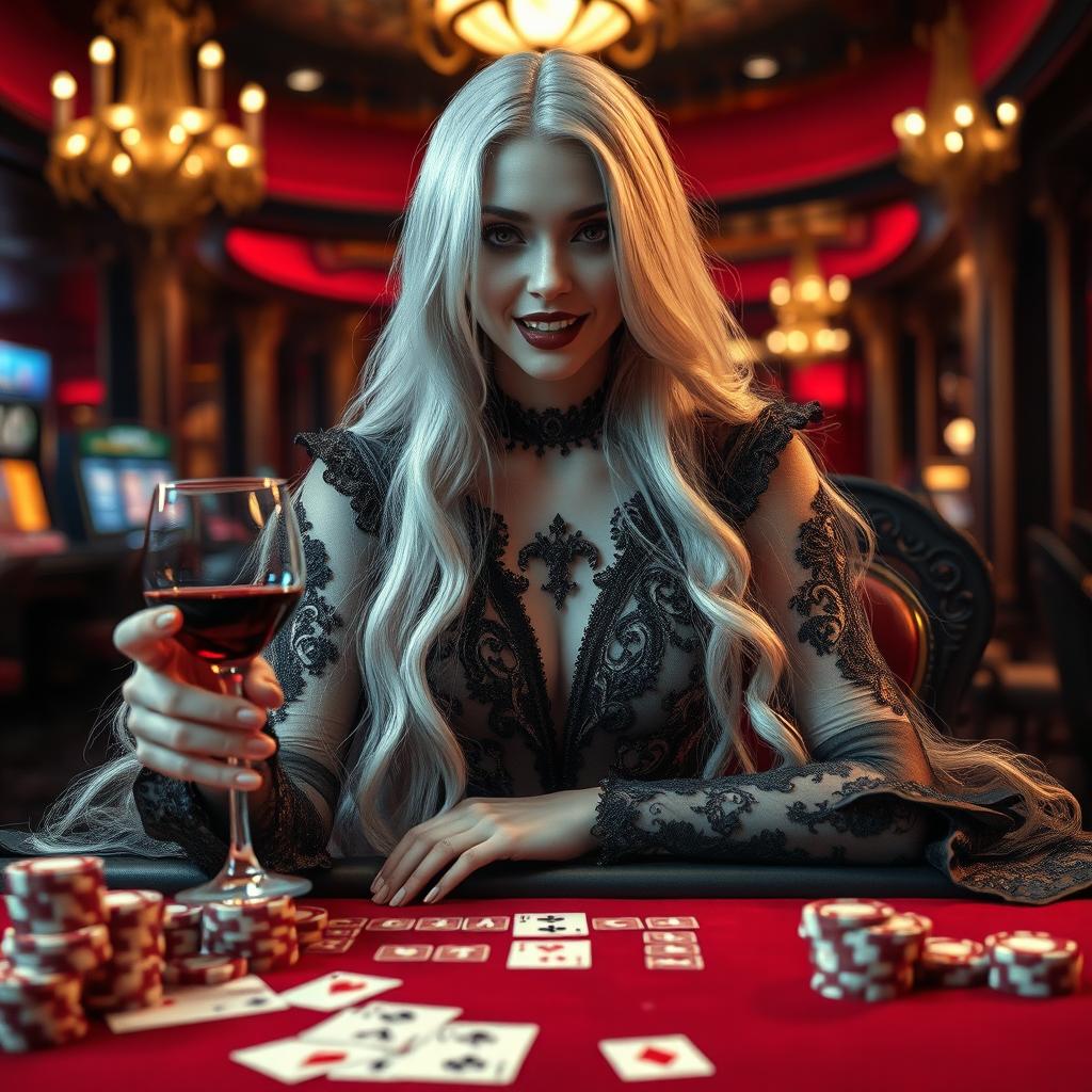 A captivating vampire woman with long, flowing white hair sitting at a luxurious casino table, surrounded by sparkling chips and cards