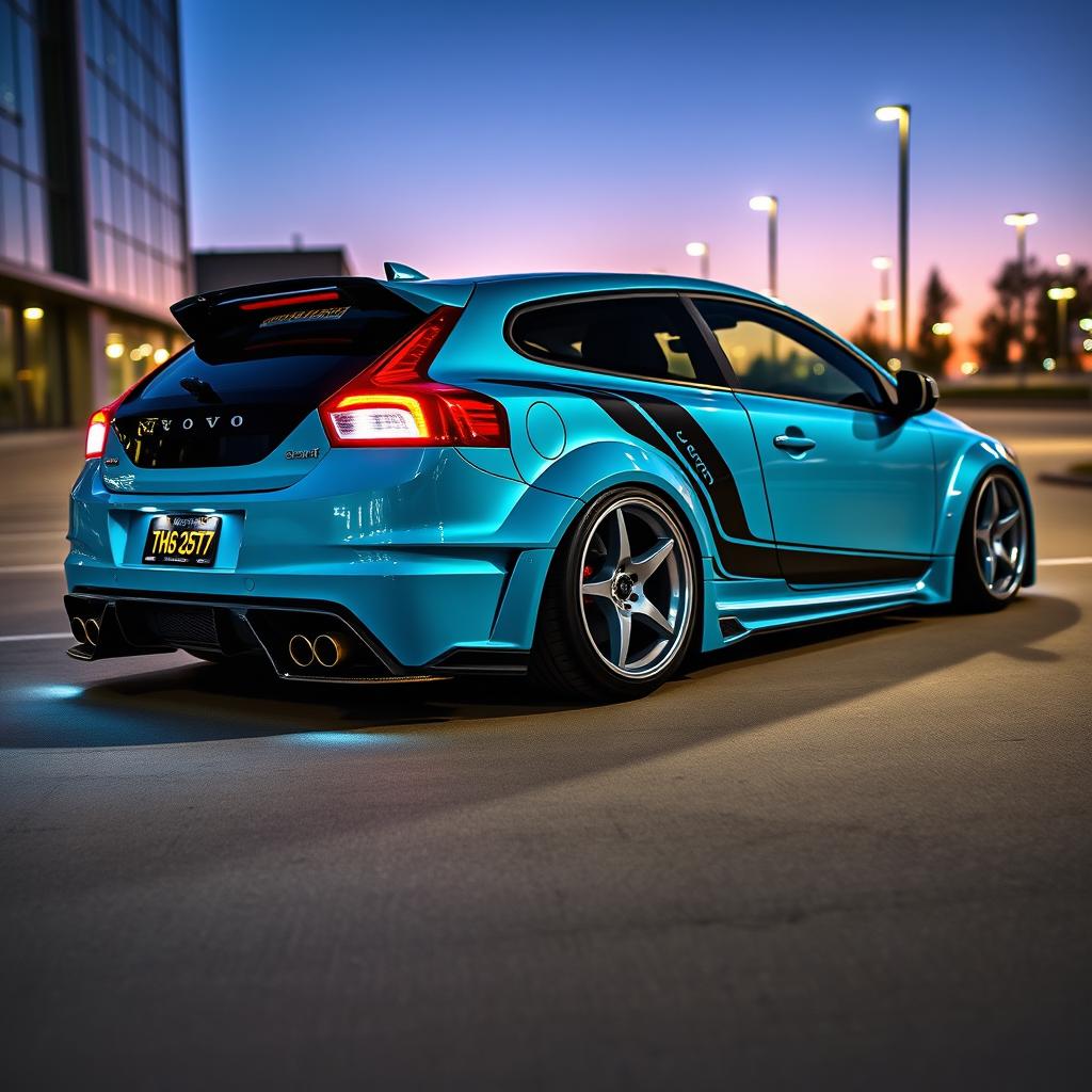 A striking Volvo C30 with an aggressive stance, featuring a lowered suspension and wide body kit