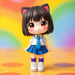 A cute character resembling a Hello Kitty style figure wearing a blue skirt, a white shirt, a blue tie, and white sneakers with purple socks