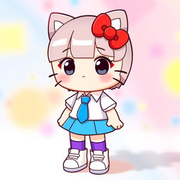 A cute character resembling a Hello Kitty style figure wearing a blue skirt, a white shirt, a blue tie, and white sneakers with purple socks