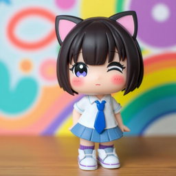 A cute character resembling a Hello Kitty style figure wearing a blue skirt, a white shirt, a blue tie, and white sneakers with purple socks