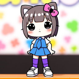 A cute character resembling a Hello Kitty style figure wearing a blue skirt, a white shirt, a blue tie, and white sneakers with purple socks