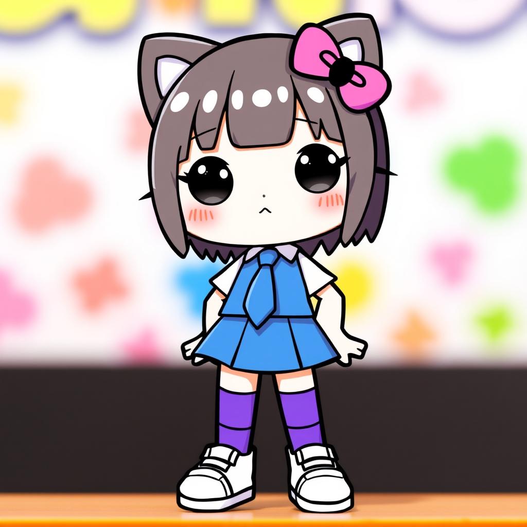 A cute character resembling a Hello Kitty style figure wearing a blue skirt, a white shirt, a blue tie, and white sneakers with purple socks