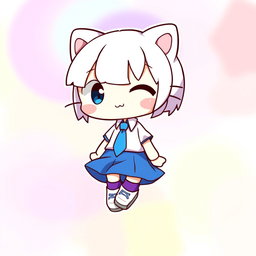 An illustration of a cute character resembling Hello Kitty, wearing a blue skirt and a white shirt
