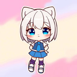 An illustration of a cute character resembling Hello Kitty, wearing a blue skirt and a white shirt