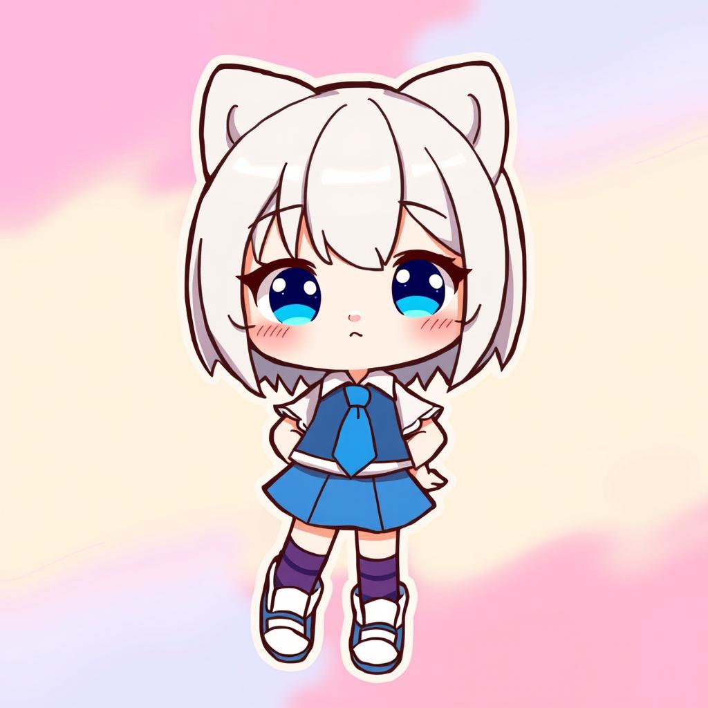 An illustration of a cute character resembling Hello Kitty, wearing a blue skirt and a white shirt