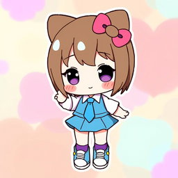An illustration of a cute character resembling Hello Kitty, wearing a blue skirt and a white shirt
