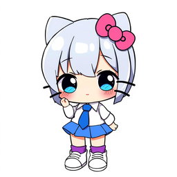 An illustration of a cute character resembling Hello Kitty, wearing a blue skirt and a white shirt