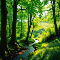 A vibrant lush green forest with dappled sunlight filtering through the leaves