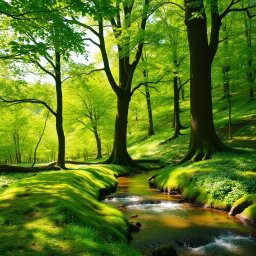 A vibrant lush green forest with dappled sunlight filtering through the leaves