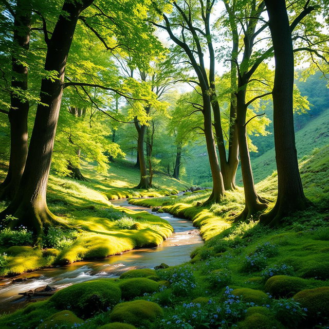 A vibrant lush green forest with dappled sunlight filtering through the leaves