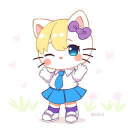 An illustration of a cute character resembling Hello Kitty, wearing a blue skirt and a white shirt with a blue tie