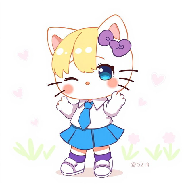 An illustration of a cute character resembling Hello Kitty, wearing a blue skirt and a white shirt with a blue tie