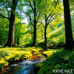 A vibrant lush green forest with dappled sunlight filtering through the leaves