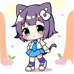 An illustration of a cute character resembling Hello Kitty, wearing a blue skirt and a white shirt with a blue tie