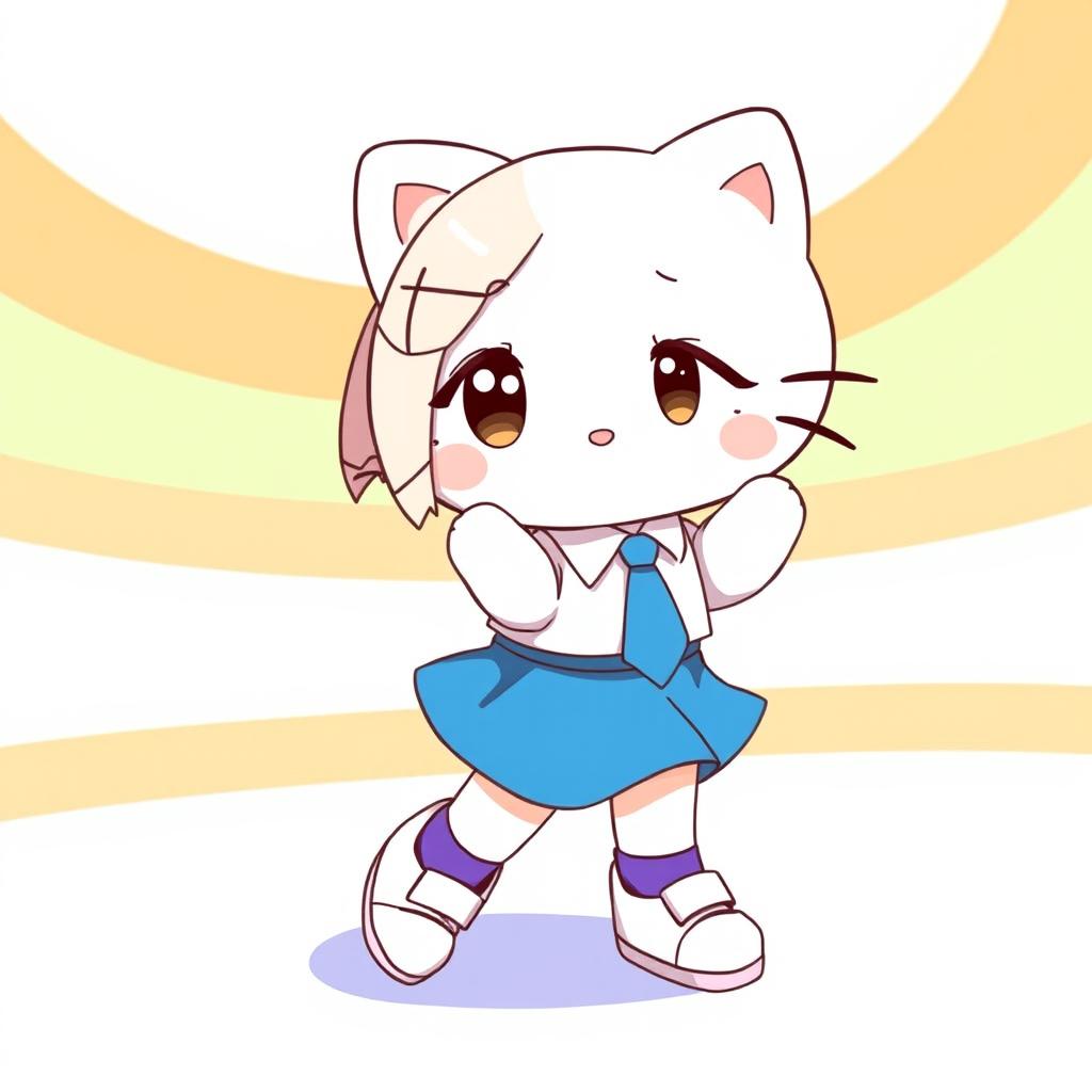 An illustration of a cute character resembling Hello Kitty, wearing a blue skirt and a white shirt with a blue tie