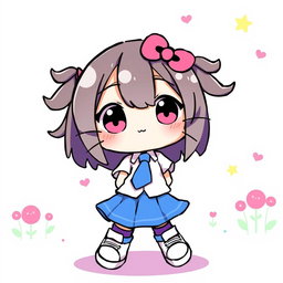 An illustration of a cute character resembling Hello Kitty, wearing a blue skirt and a white shirt with a blue tie