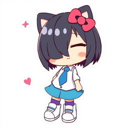 An illustration of a cute character resembling Hello Kitty, wearing a blue skirt and a white shirt, with a blue tie